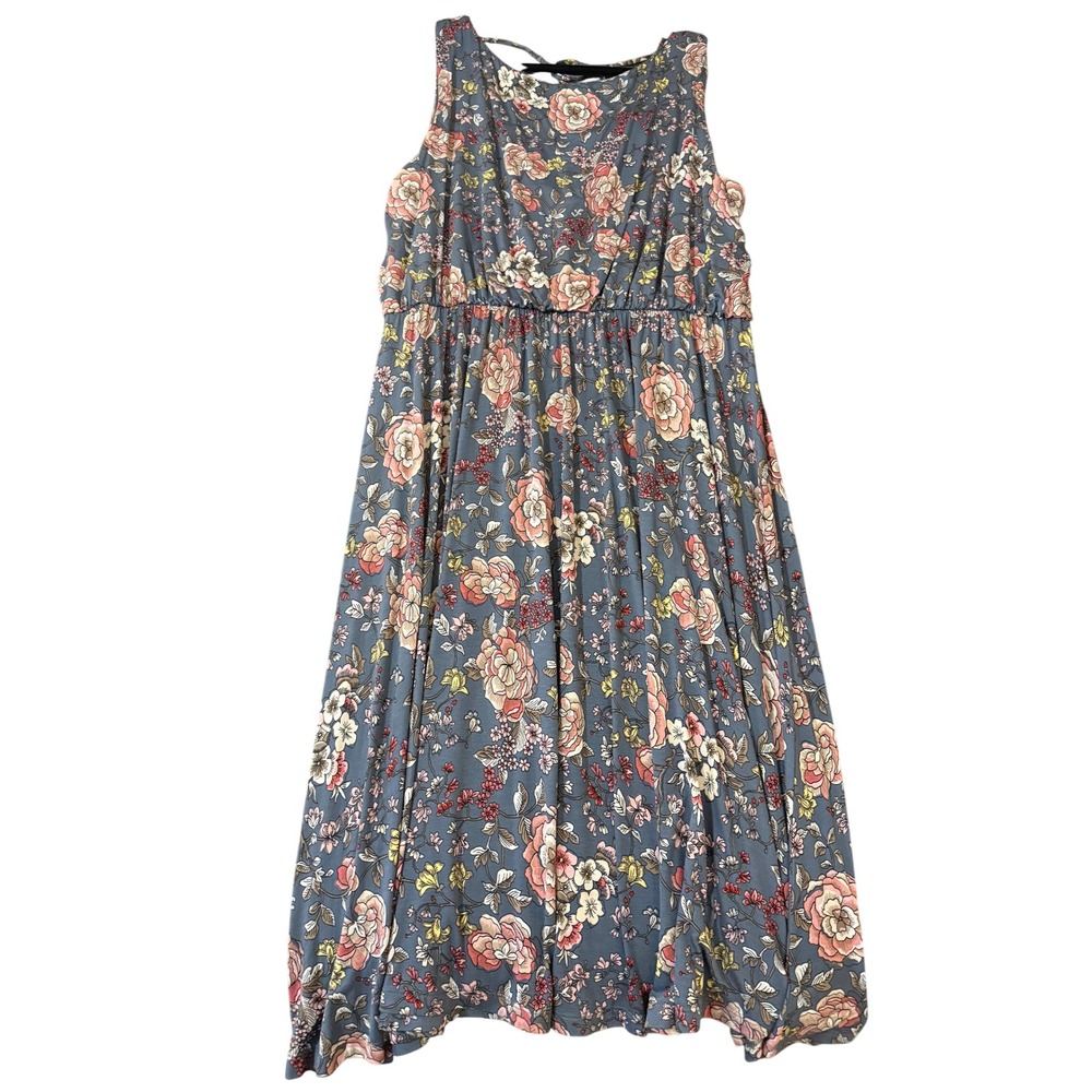 Blue Floral Sleeveless Midi Dress with Ruffle V-Back and Tassel Tie Size L
